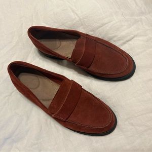 Red/rust suede Clarks loafers. GUC
